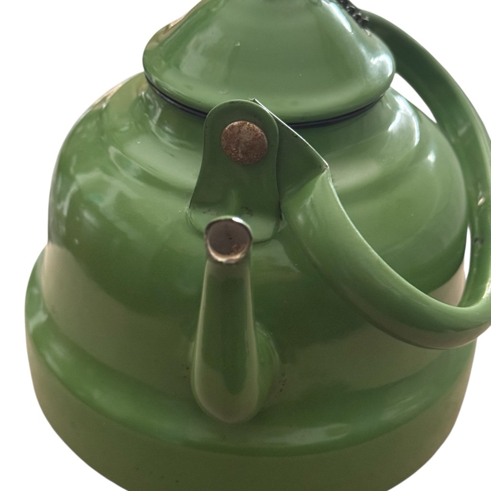 VTG Yugoslavia 16 Green Enamel Ware Granite Teapot Metal Rustic Decor Farmhouse - Picture 5 of 7